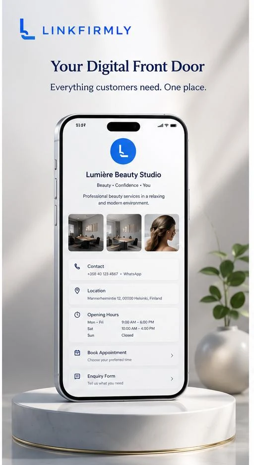 LinkFirmly business page with WhatsApp, Call, Book and QR