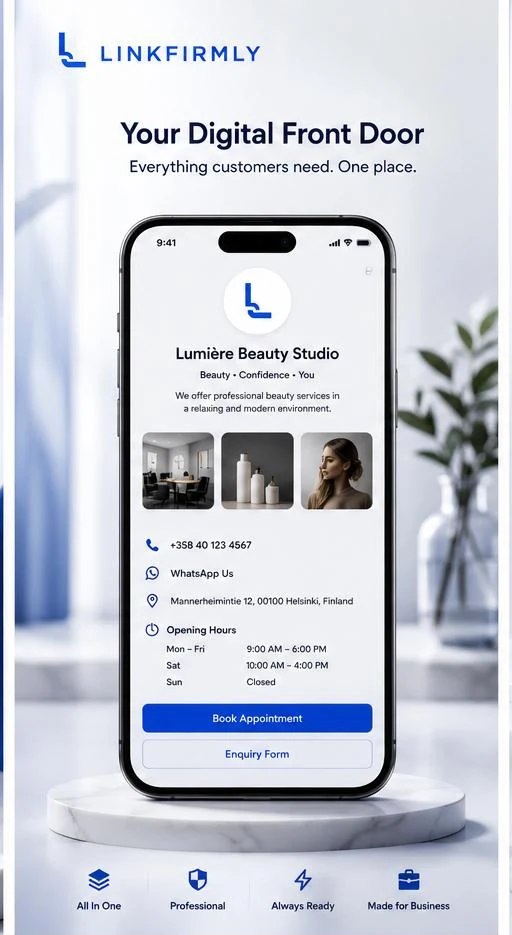 LinkFirmly business profile on a phone with QR code
